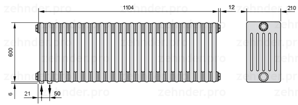 Схема (чертеж) Радиатор Zehnder Charleston 6060/24 №3370 Белый глянцевый RAL 9016